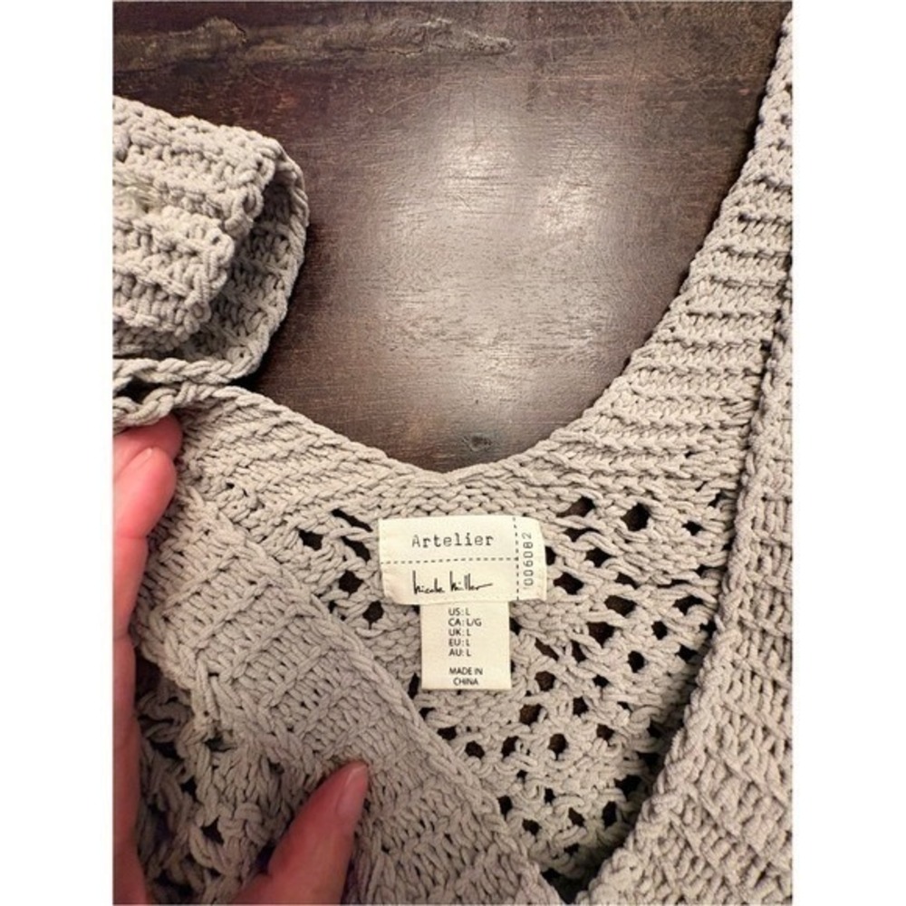 Nicole Miller Artelier Crochet Knit Button Front Grey Cardigan Boho Chic large - Picture 5 of 15
